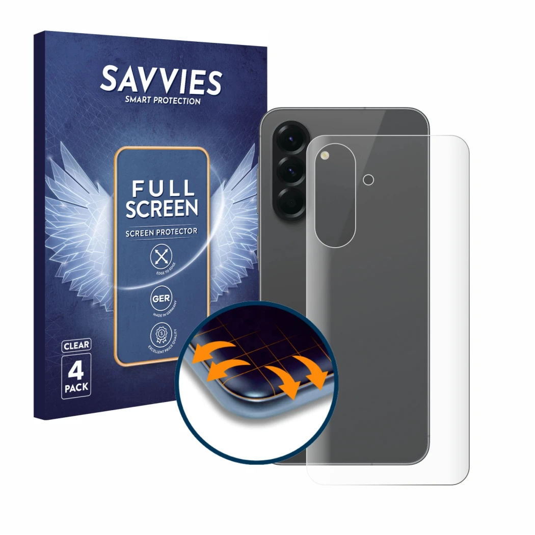 Front side of a product packaging with the brand logo Savvies. Next to it is the device Samsung Galaxy A56 5G (Back) shown wit
