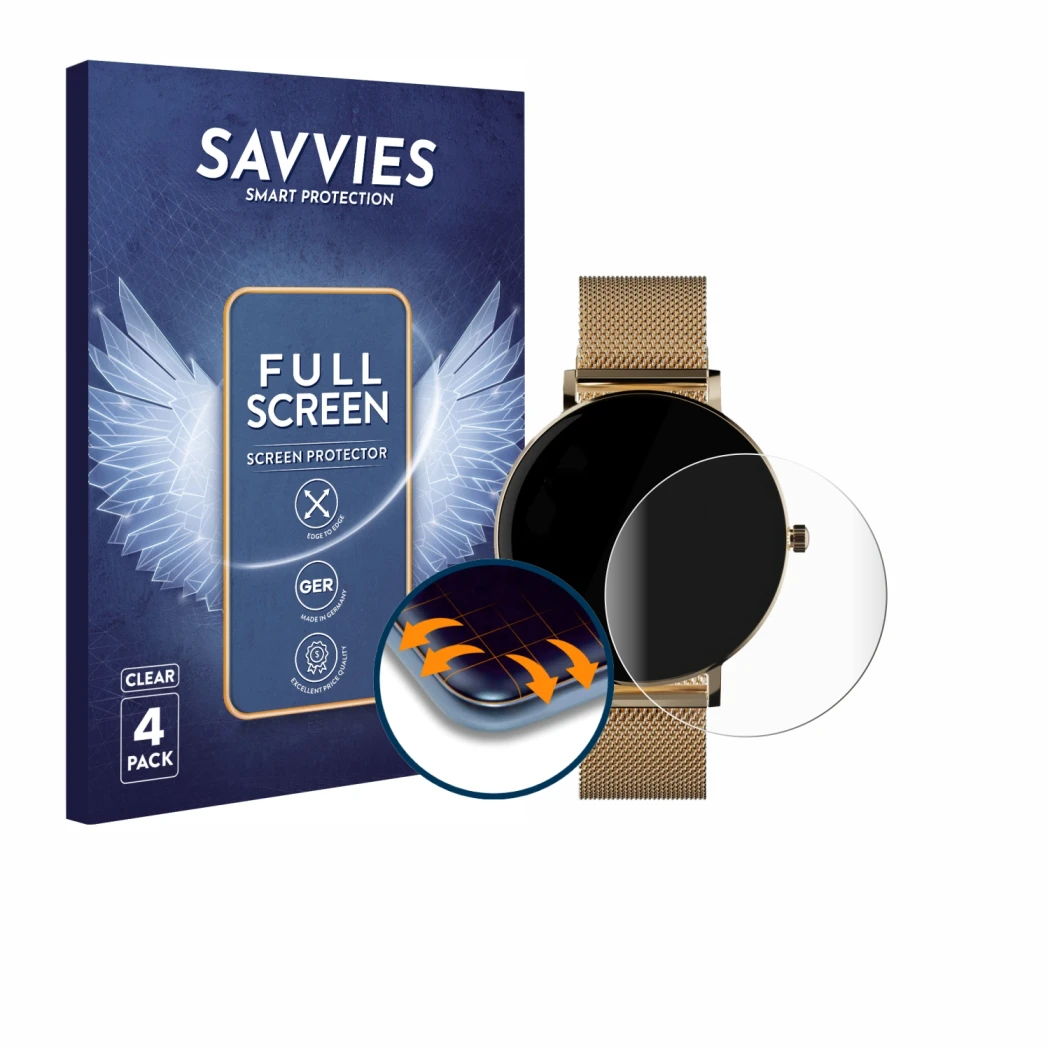 Front side of a product packaging with the brand logo Savvies. Next to it is the device ZenWatch Venice Pro shown with the cor