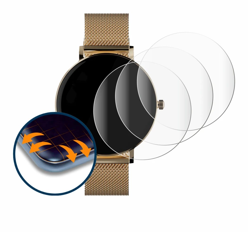 Image of the device ZenWatch Venice Pro with a wide variety of screen protectors.