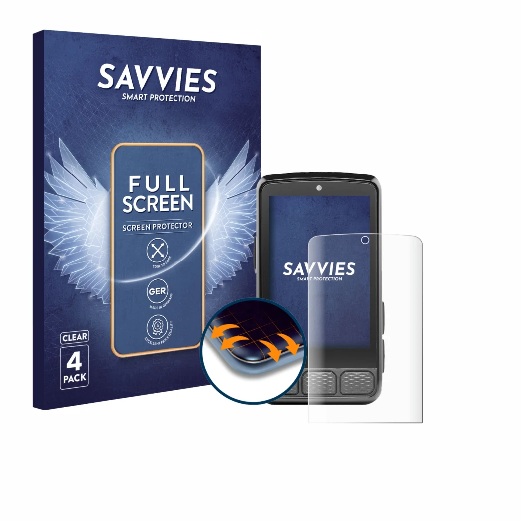 Front side of a product packaging with the brand logo Savvies. Next to it is the device Wahoo Elemnt Roam 3 shown with the cor