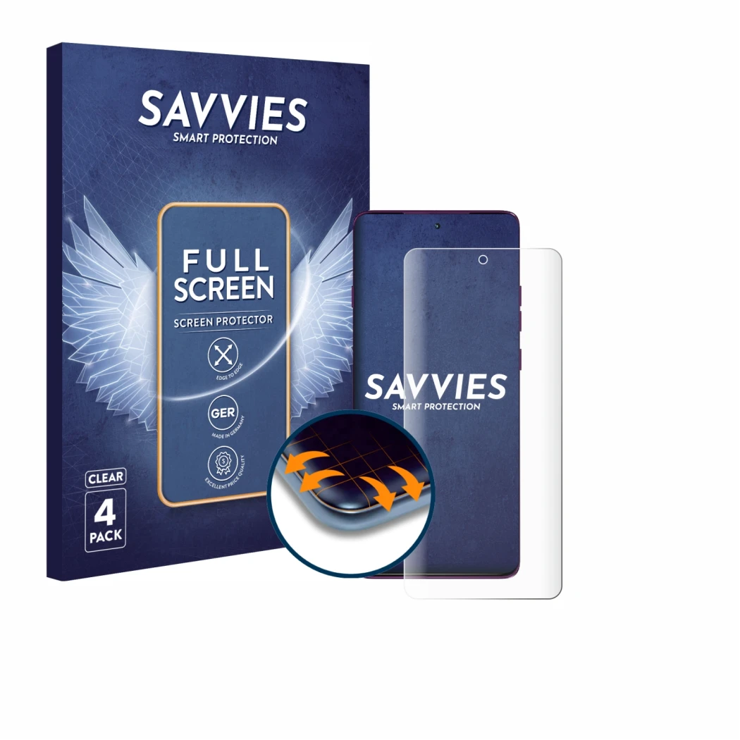 Front side of a product packaging with the brand logo Savvies. Next to it is the device Motorola Edge 60 Pro shown with the co