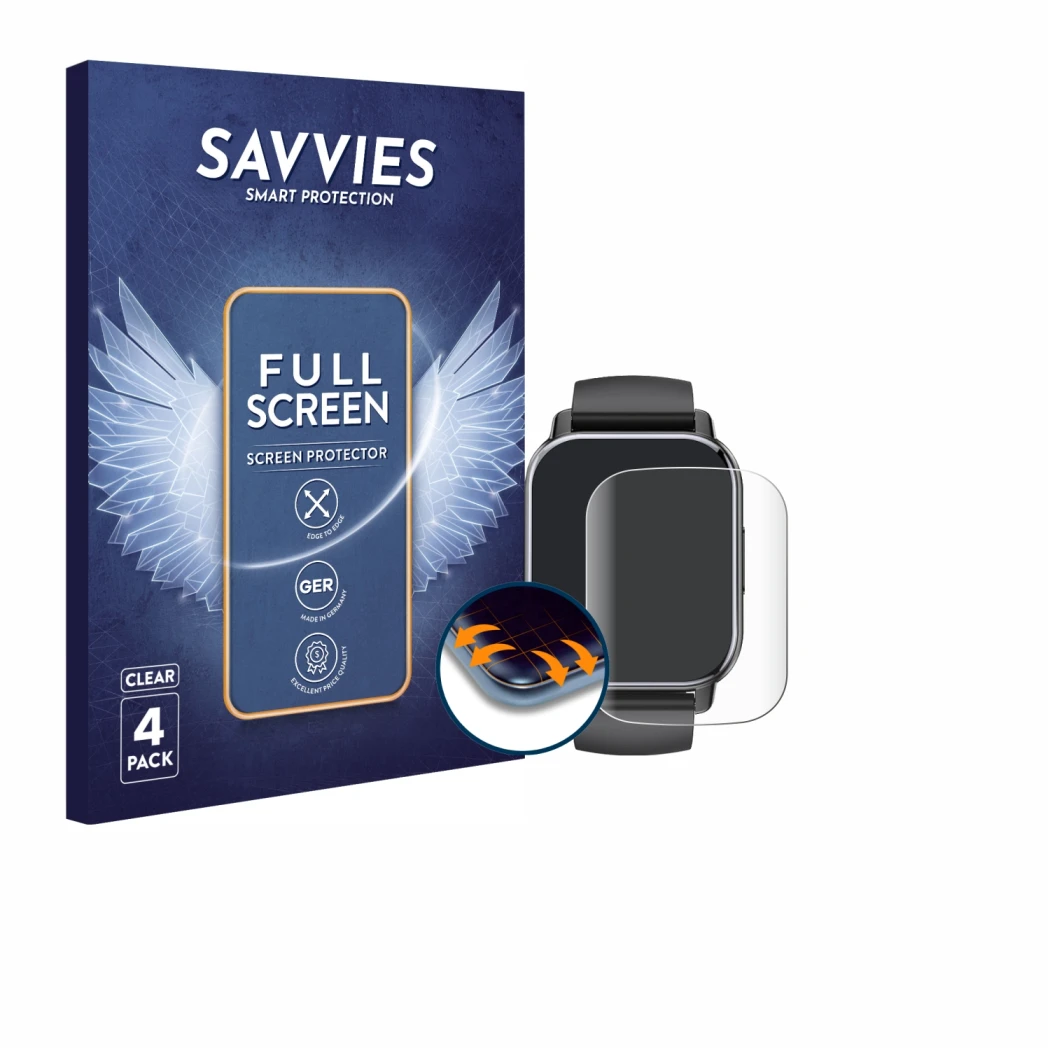 Front side of a product packaging with the brand logo Savvies. Next to it is the device Poounur T80 1.95