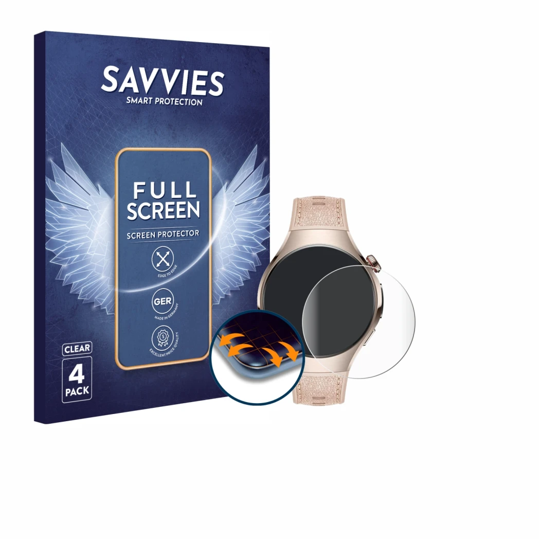 Front side of a product packaging with the brand logo Savvies. Next to it is the device Huawei Watch 5 (42 mm) shown with the 