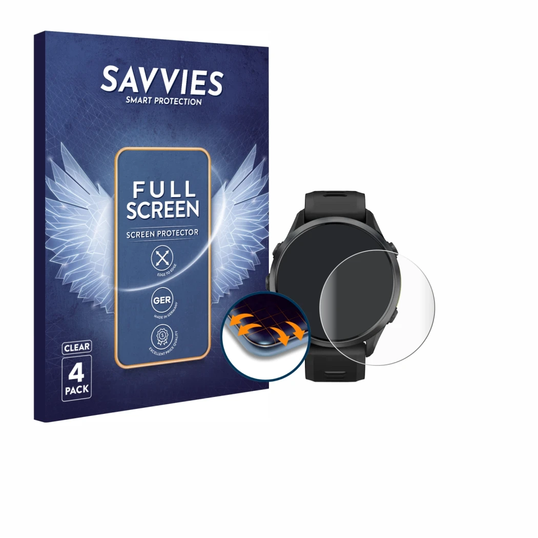 Front side of a product packaging with the brand logo Savvies. Next to it is the device Garmin Forerunner 970 shown with the c