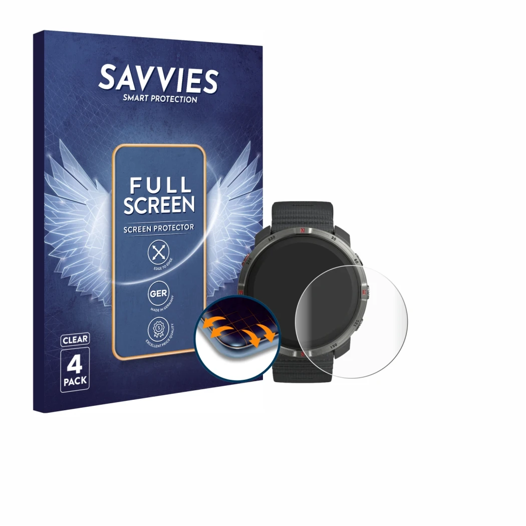 Front side of a product packaging with the brand logo Savvies. Next to it is the device Polar Grit X2 shown with the correspon