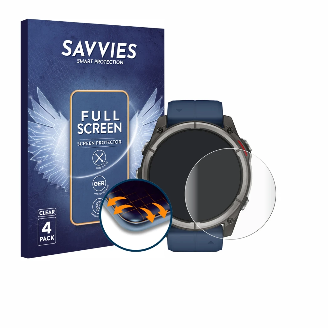 Front side of a product packaging with the brand logo Savvies. Next to it is the device Garmin quatix 8 (51 mm) shown with the
