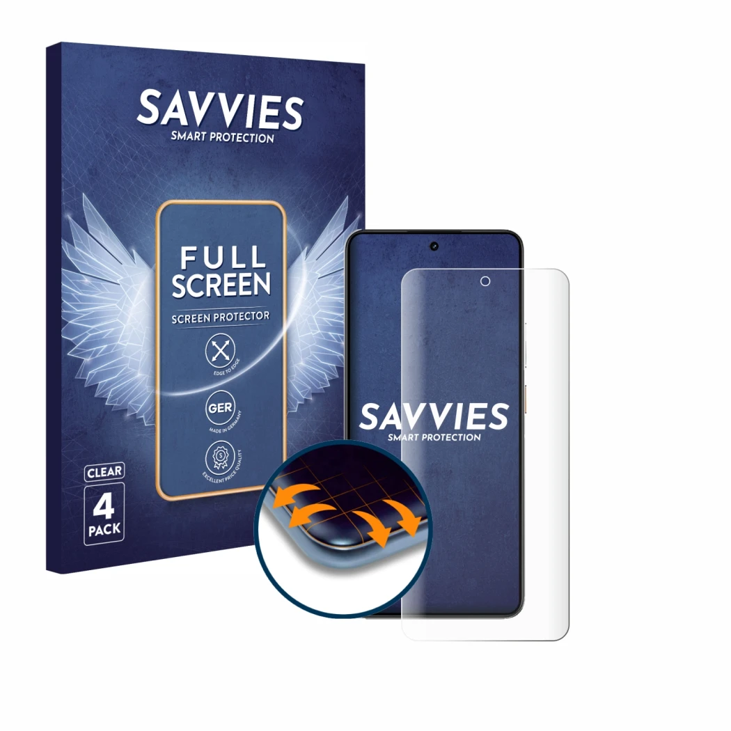 Front side of a product packaging with the brand logo Savvies. Next to it is the device realme P3 5G shown with the correspond