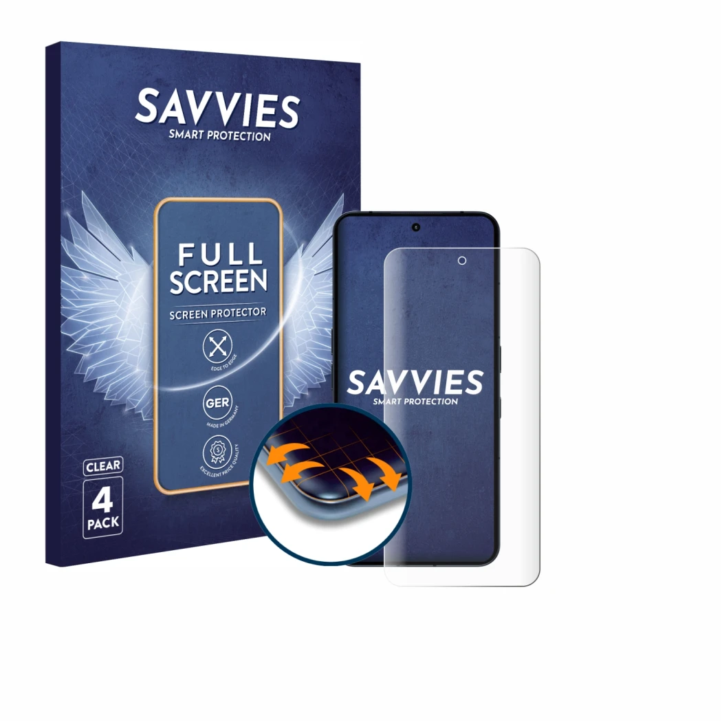 Front side of a product packaging with the brand logo Savvies. Next to it is the device Nothing Phone (3) shown with the corre