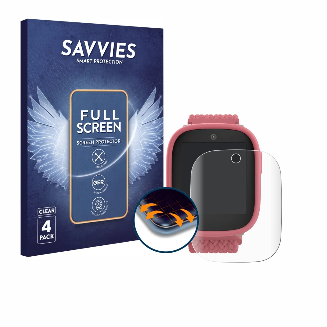Front side of a product packaging with the brand logo Savvies. Next to it is the device Xplora X6 Play 2025 (2nd generation) s
