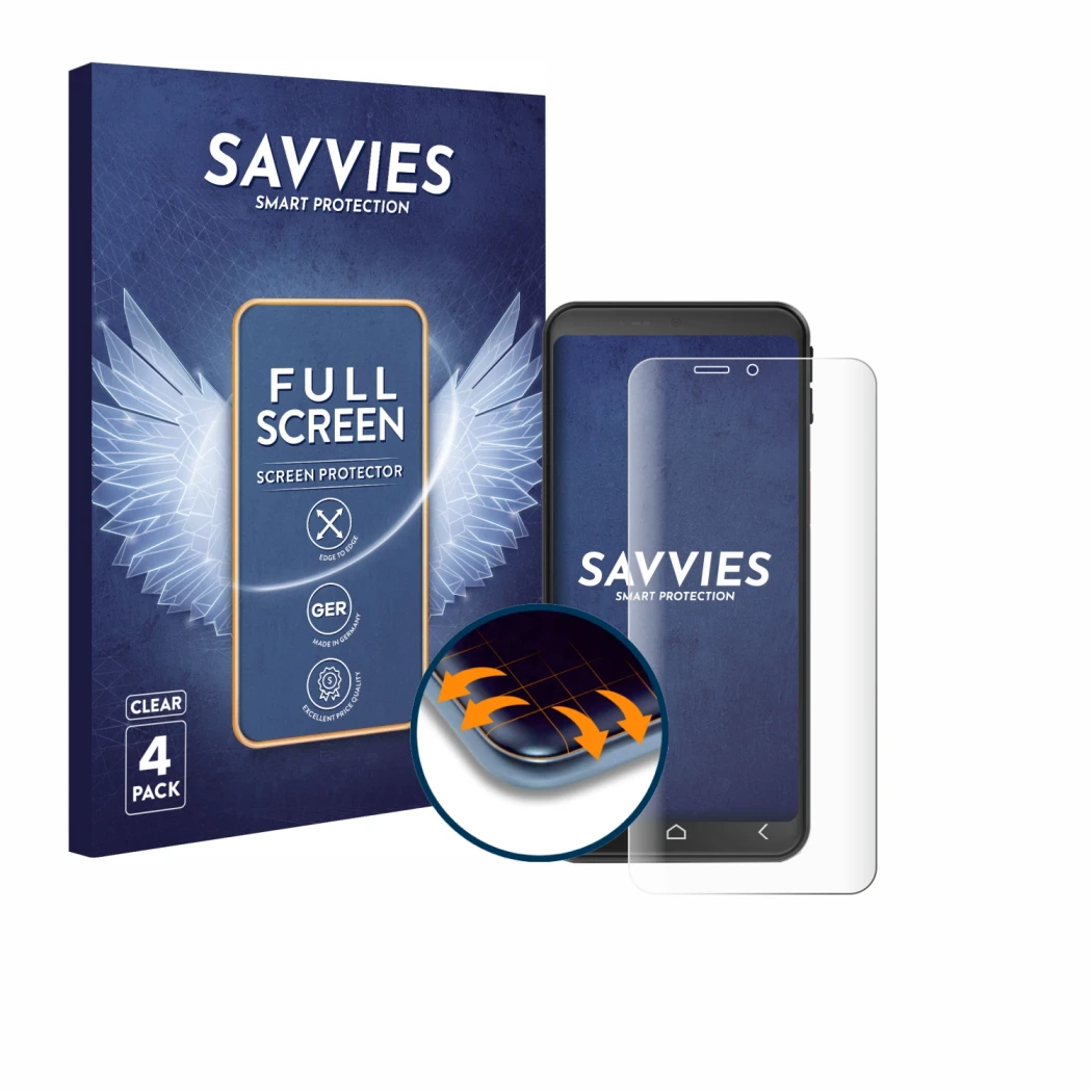 Front side of a product packaging with the brand logo Savvies. Next to it is the device Emporia Smart 7 Lite shown with the co