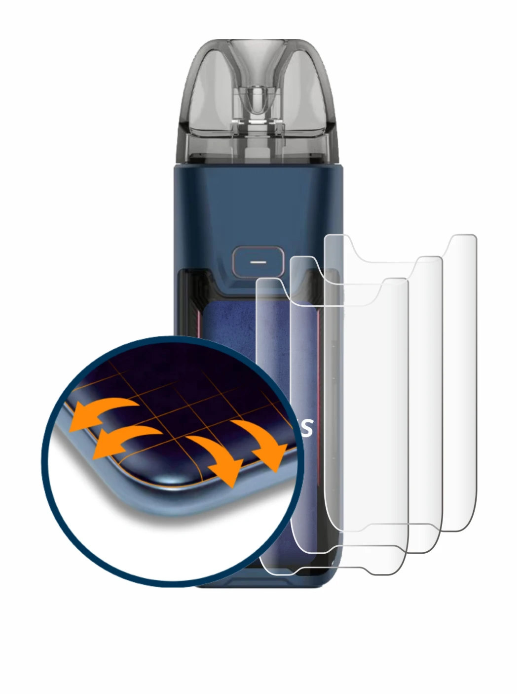 Image of the device Vaporesso Luxe XR Max 2 with a wide variety of screen protectors.