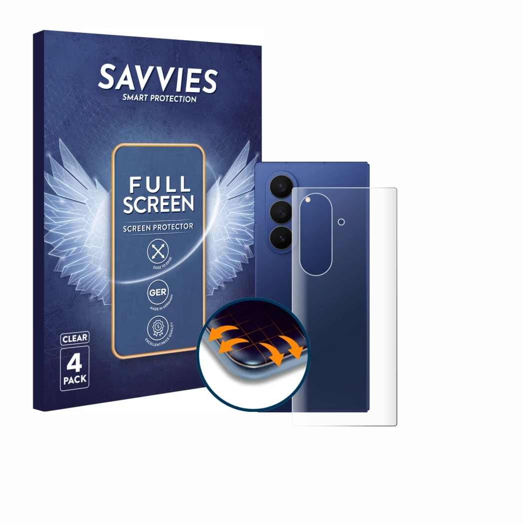 Front side of a product packaging with the brand logo Savvies. Next to it is the device Samsung Galaxy Z Fold 7 (Back) shown w
