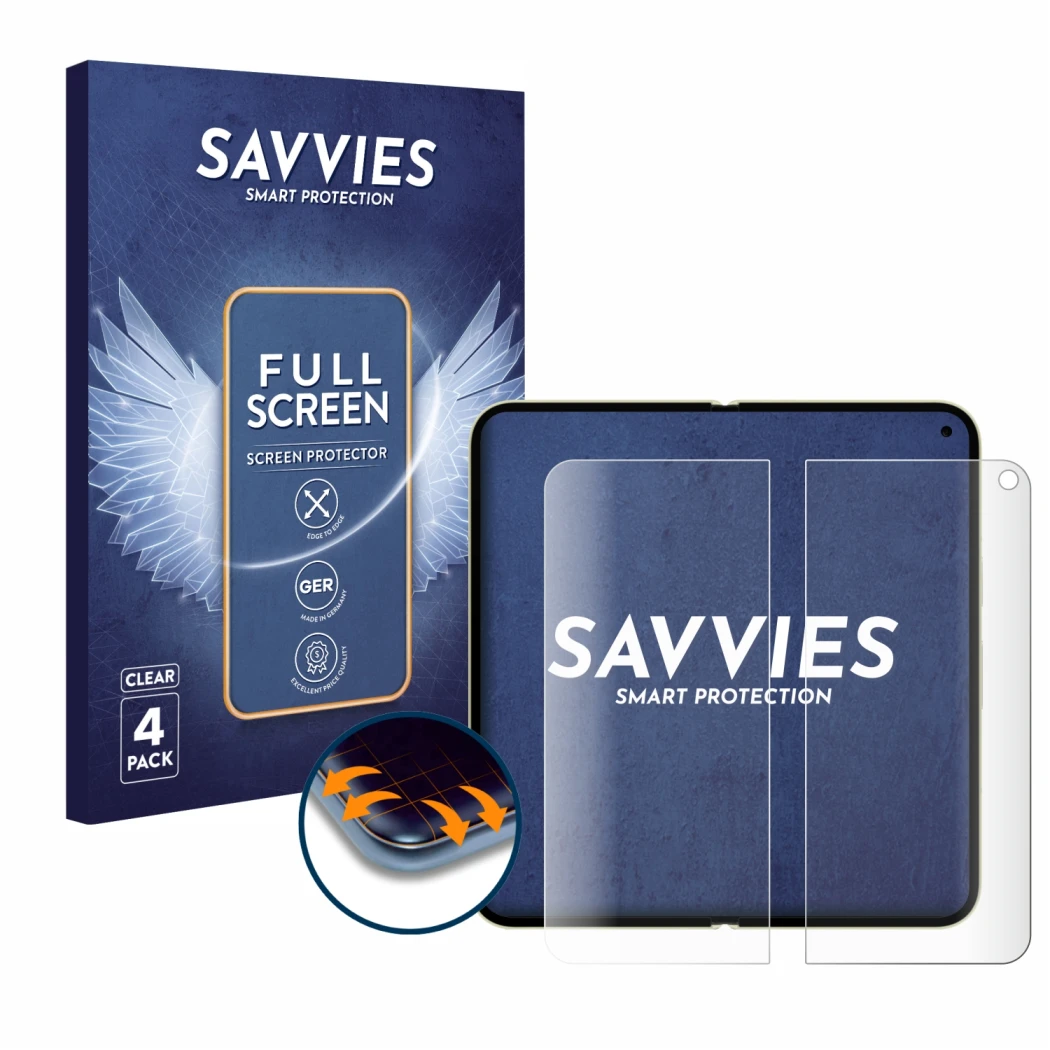 Front side of a product packaging with the brand logo Savvies. Next to it is the device Google Pixel 10 Pro Fold (Inner displa