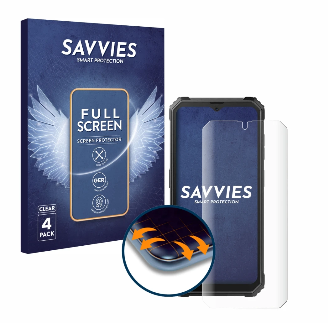 Front side of a product packaging with the brand logo Savvies. Next to it is the device Blackview BV4800 shown with the corres