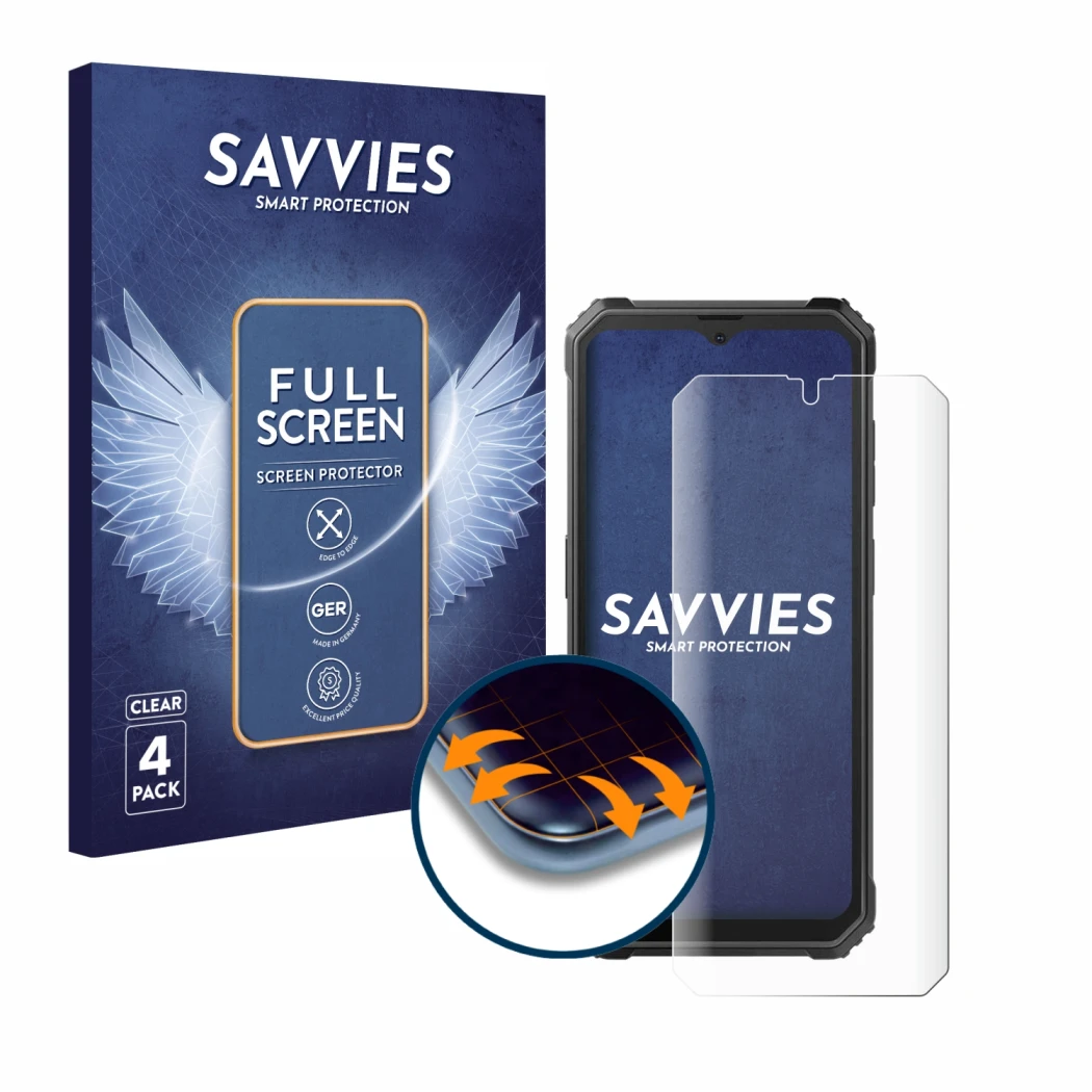 Front side of a product packaging with the brand logo Savvies. Next to it is the device Blackview BV4800 SE shown with the cor