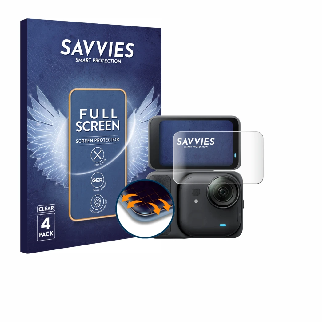 Front side of a product packaging with the brand logo Savvies. Next to it is the device Insta360 Go Ultra shown with the corre