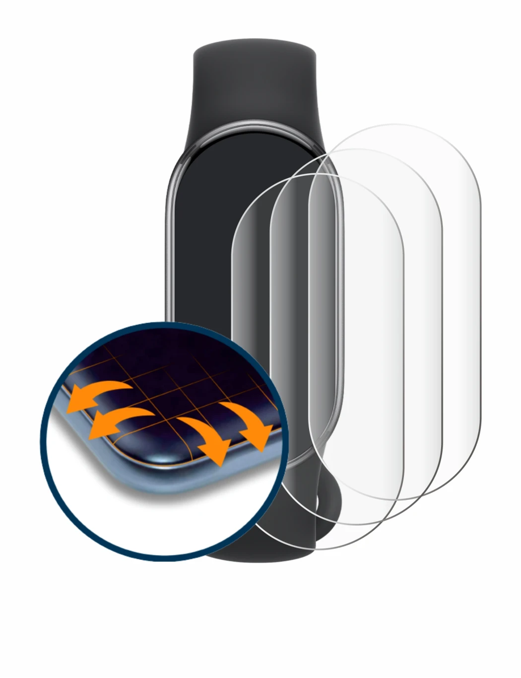 Image of the device Xiaomi Smart Band 10 with a wide variety of screen protectors.