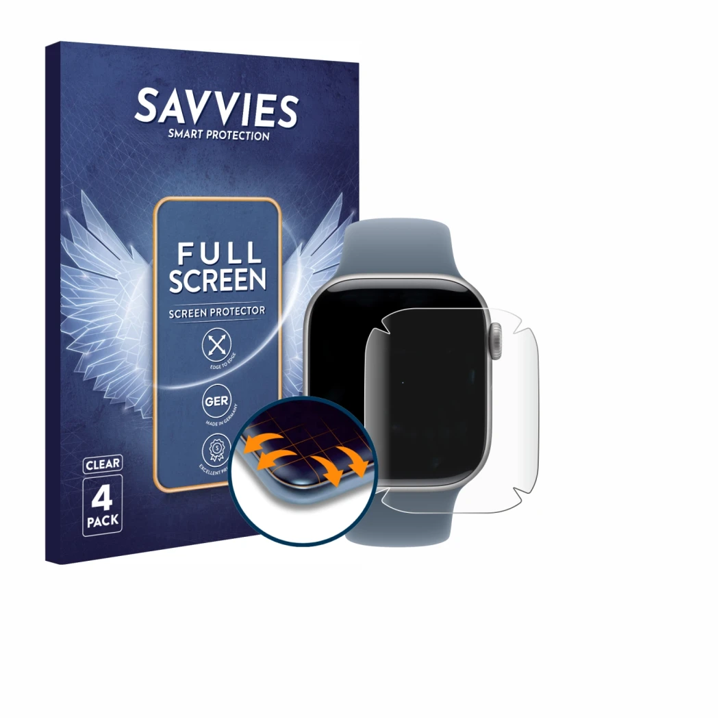 Front side of a product packaging with the brand logo Savvies. Next to it is the device Apple Watch Series 11 (42 mm) shown wi