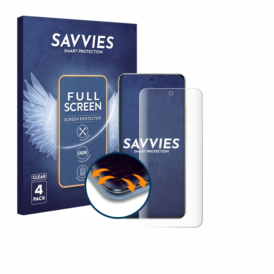 Front side of a product packaging with the brand logo Savvies. Next to it is the device Xiaomi 15 Ultra (case-friendly) shown