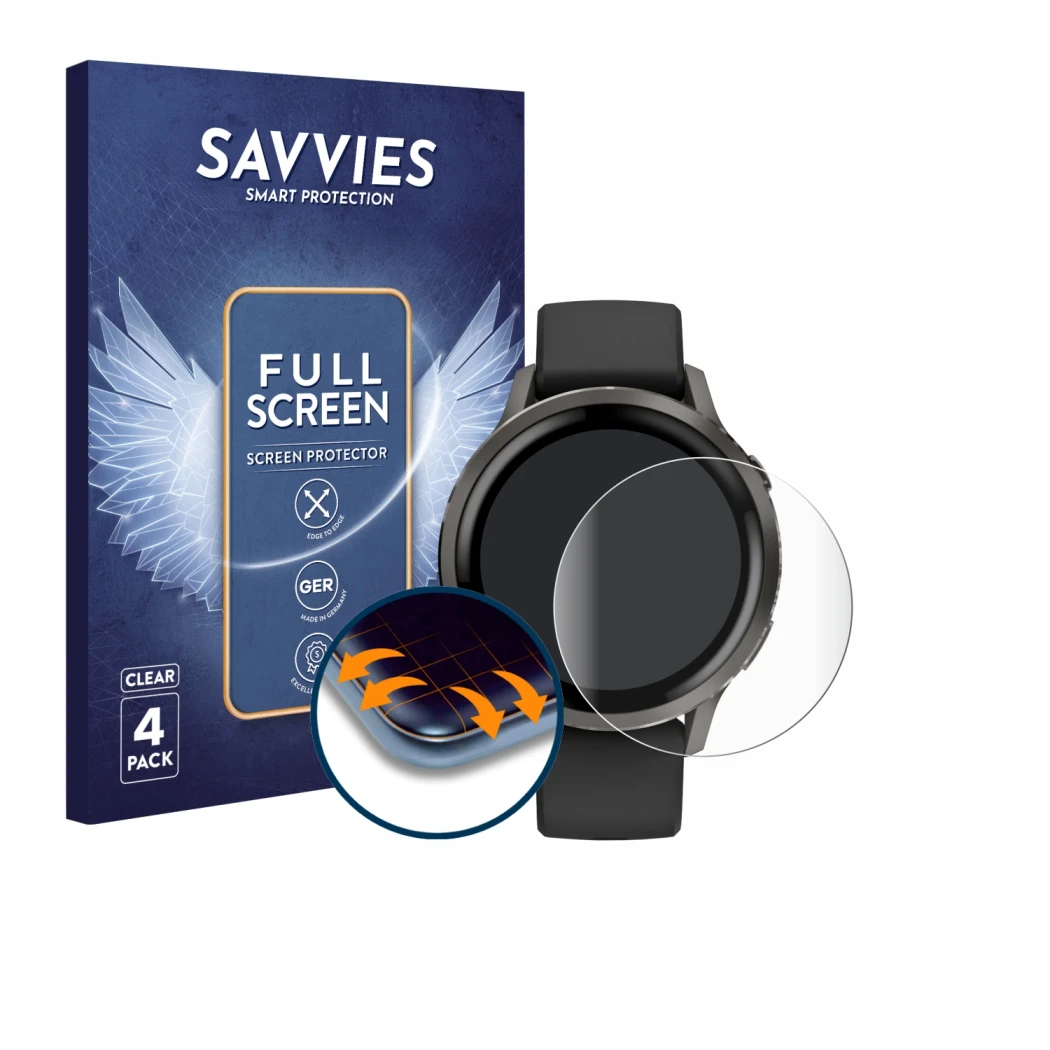 Front side of a product packaging with the brand logo Savvies. Next to it is the device Garmin Venu 4 (41 mm) shown with the c