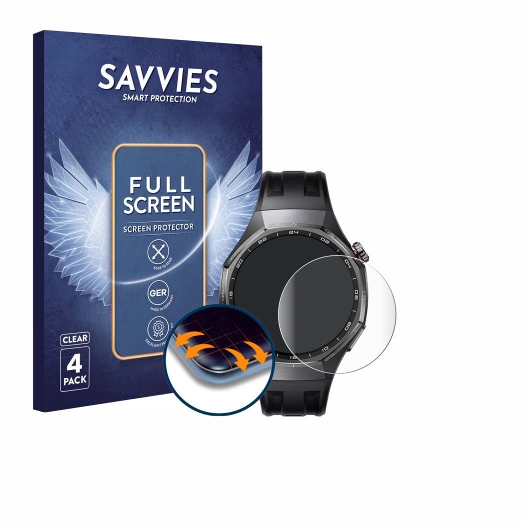 Front side of a product packaging with the brand logo Savvies. Next to it is the device Huawei Watch GT 6 Pro (46 mm) shown wi