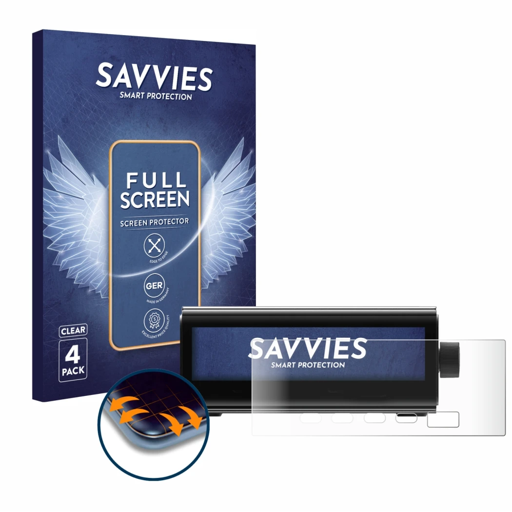 Front side of a product packaging with the brand logo Savvies. Next to it is the device EcoFlow RAPID Pro shown with the corre
