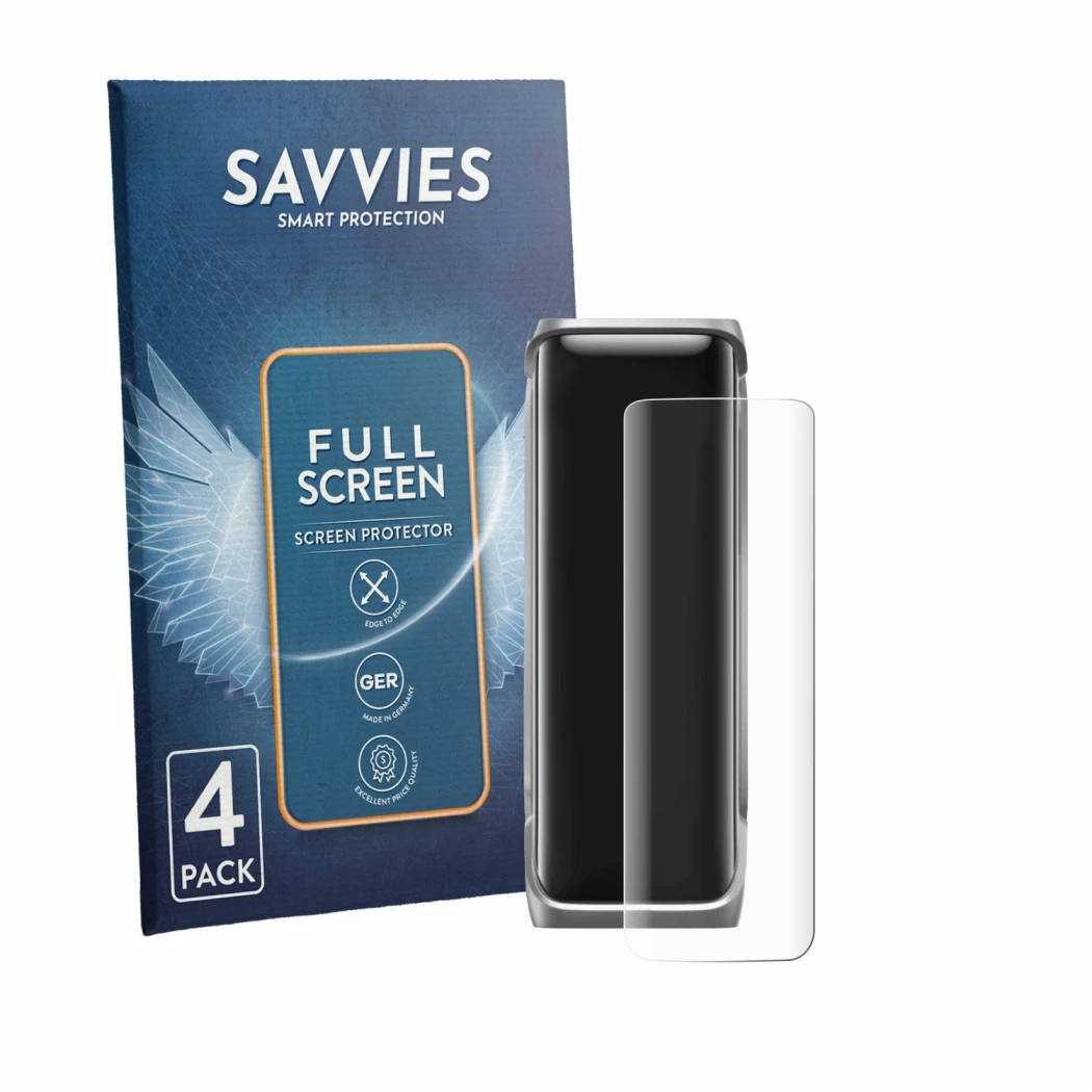Front side of a product packaging with the brand logo Savvies. Next to it is the device EcoFlow Rapid Pro X shown with the cor