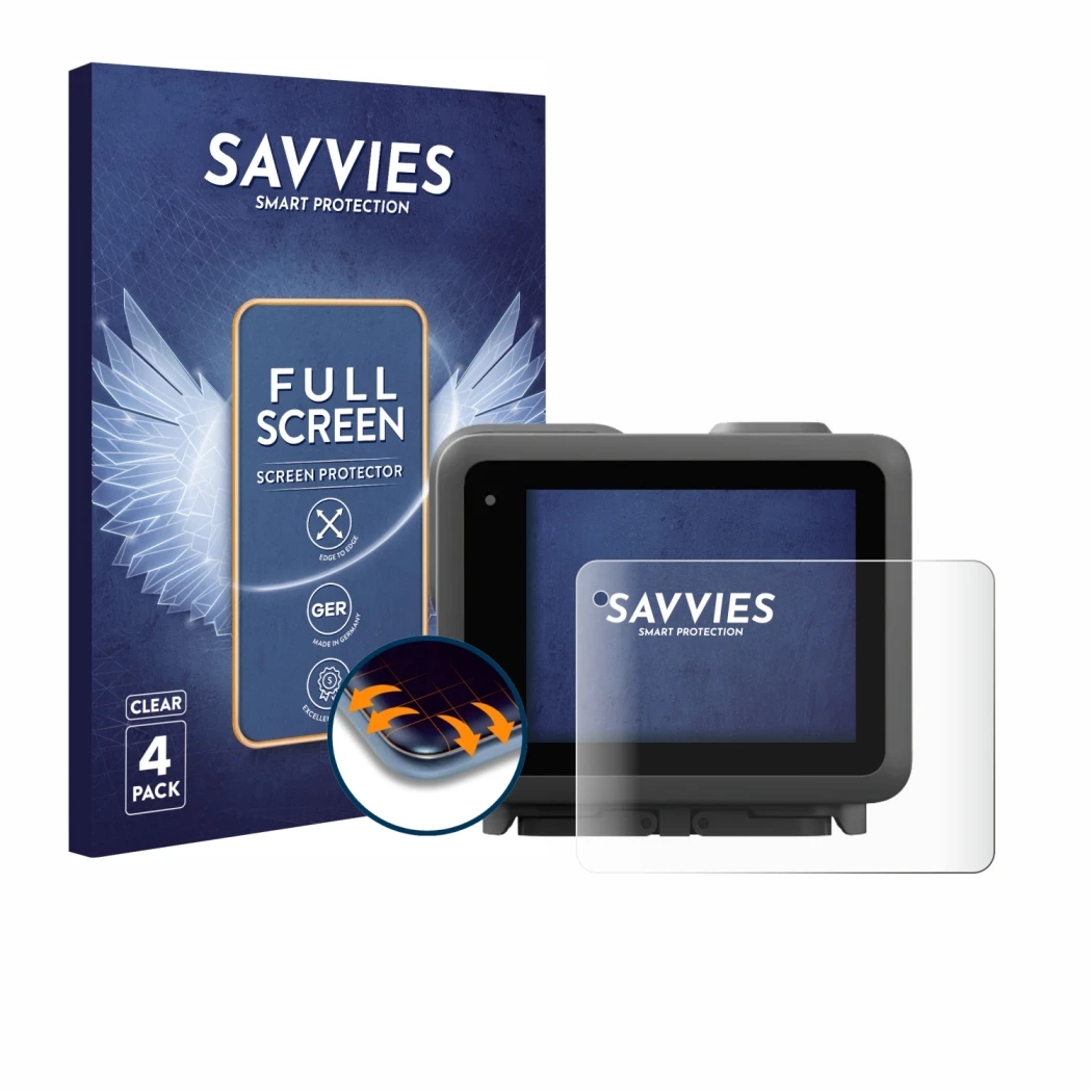 Front side of a product packaging with the brand logo Savvies. Next to it is the device GoPro Lit Hero shown with the correspo