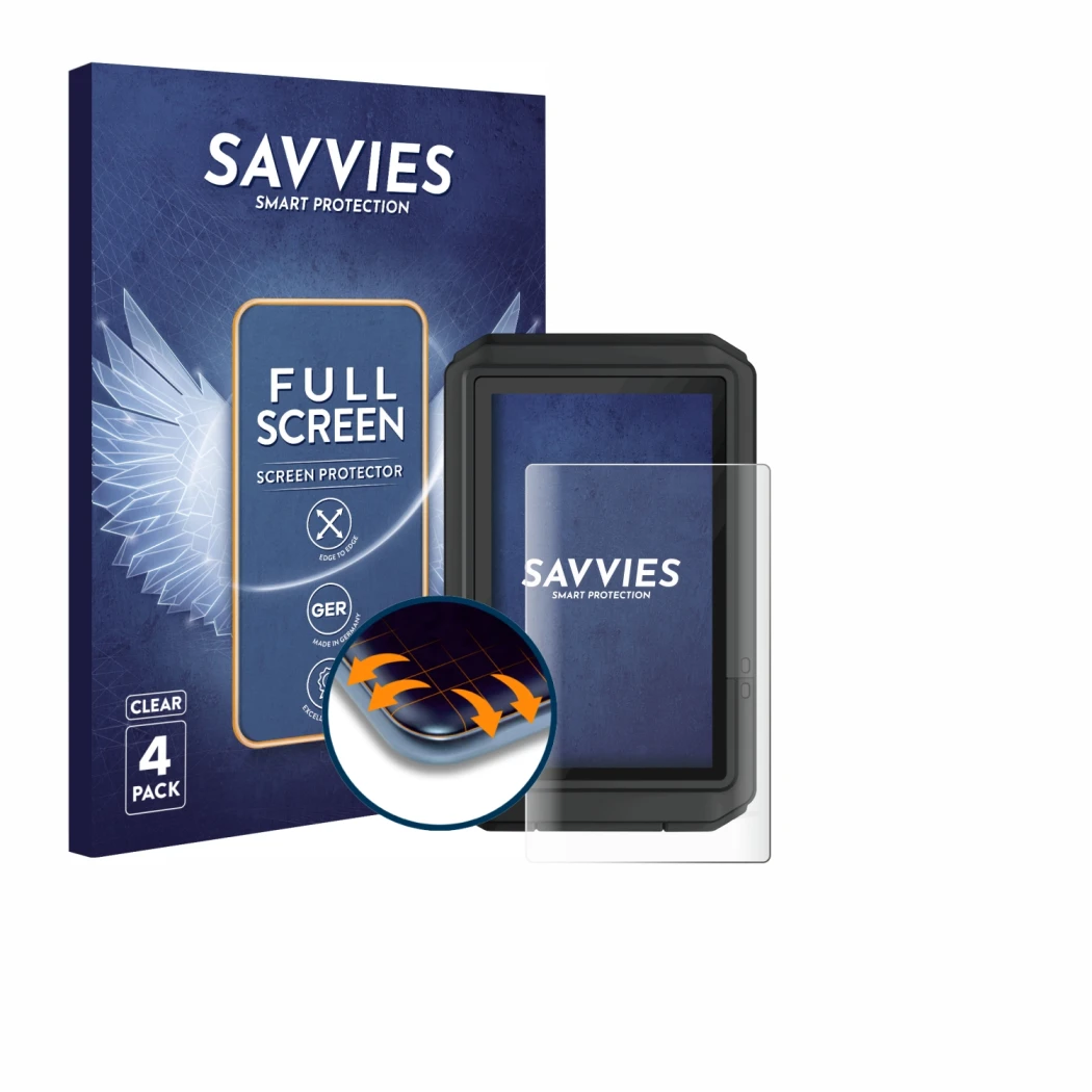 Front side of a product packaging with the brand logo Savvies. Next to it is the device Garmin eTrex Touch 2025 shown with the
