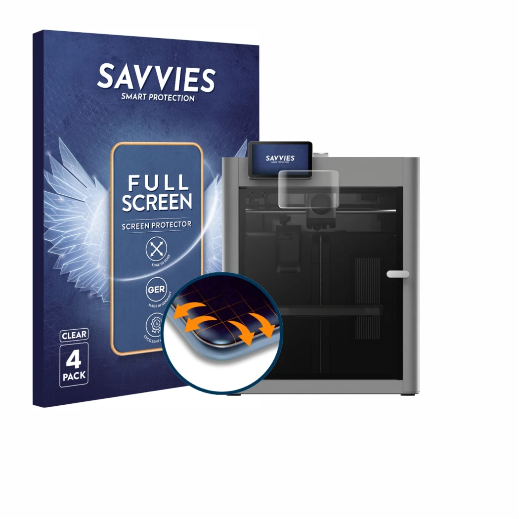 Front side of a product packaging with the brand logo Savvies. Next to it is the device Bambu Lab P2S 3D Printer shown with th