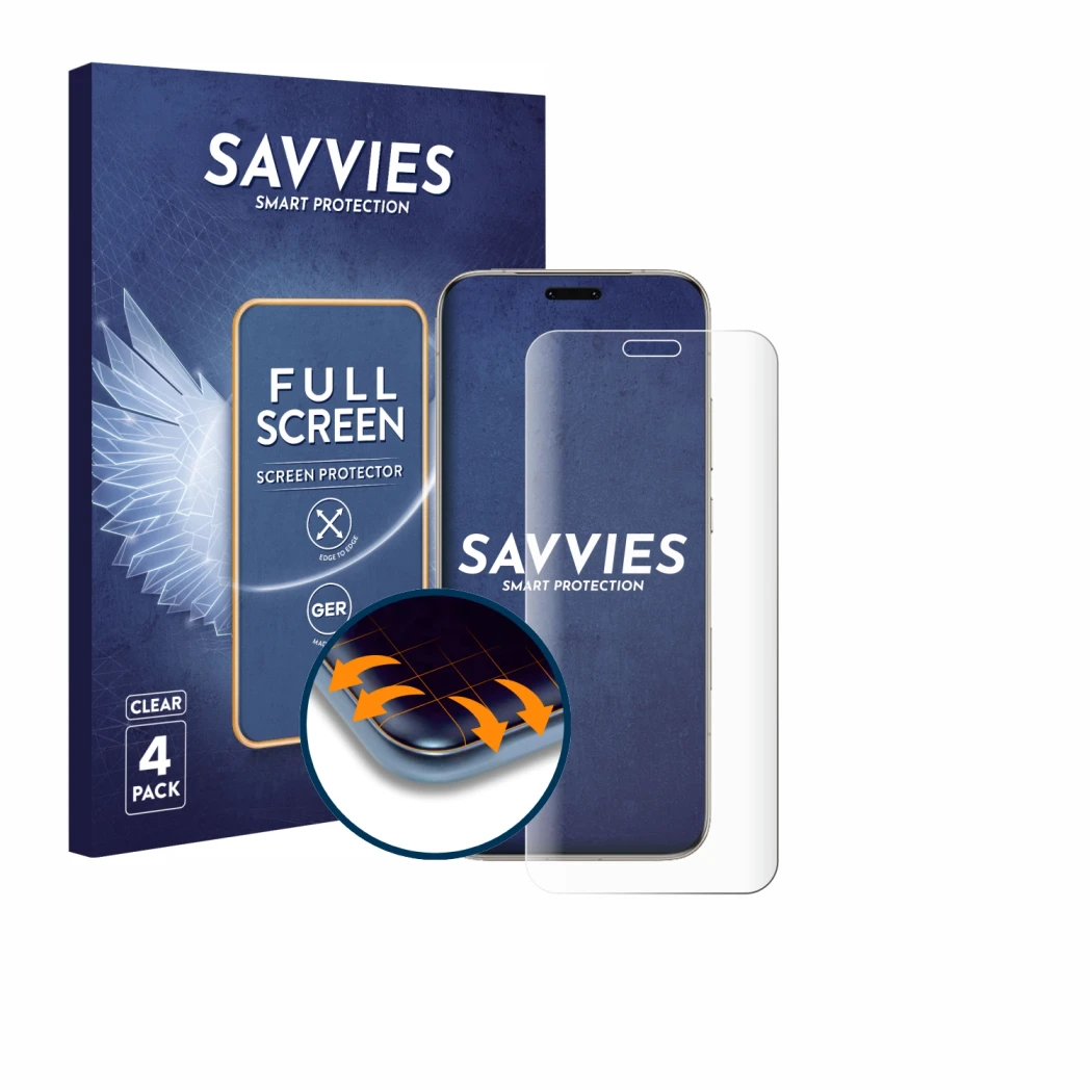 Front side of a product packaging with the brand logo Savvies. Next to it is the device Honor Magic 8 Pro shown with the corre