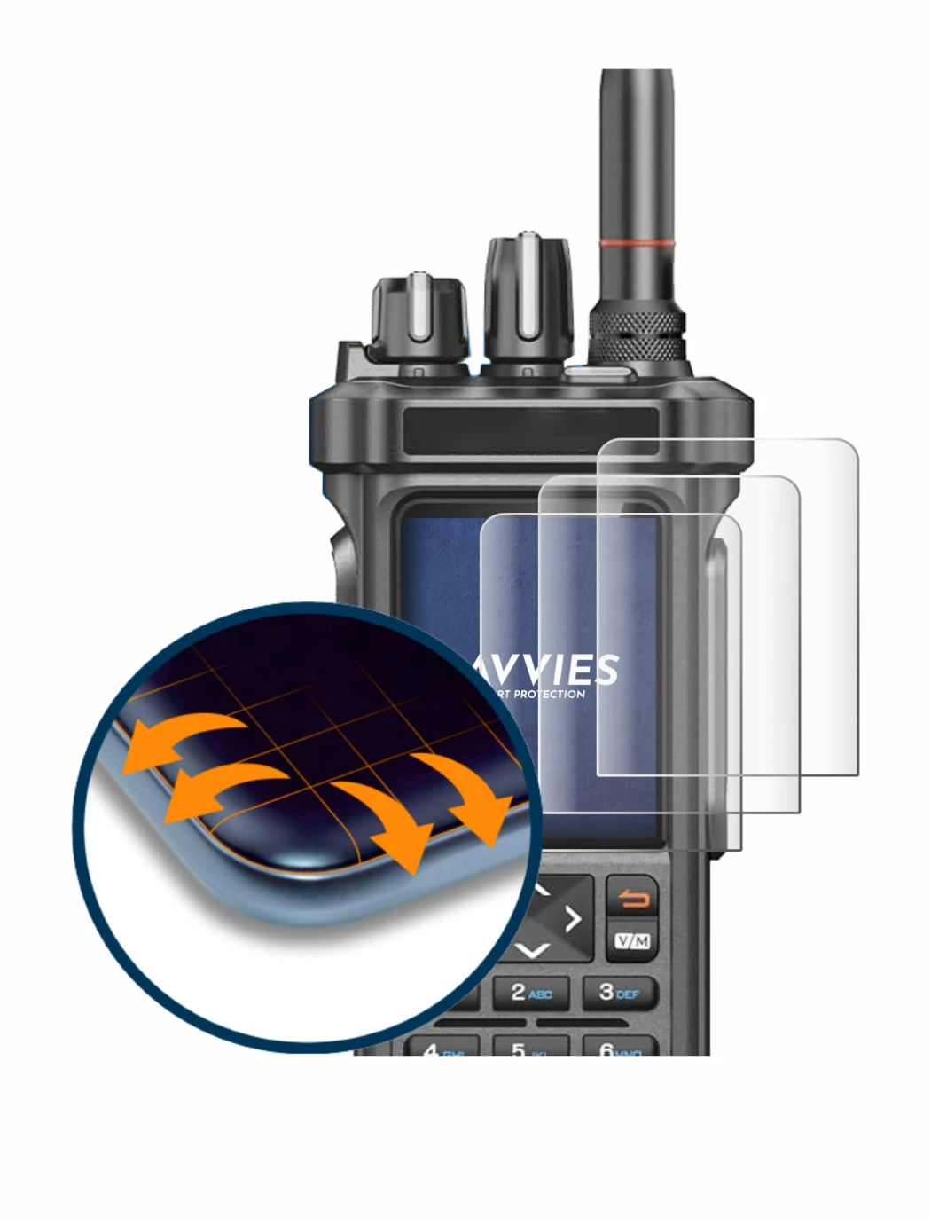 Image of the device Radtel RT-950 Pro with a wide variety of screen protectors.