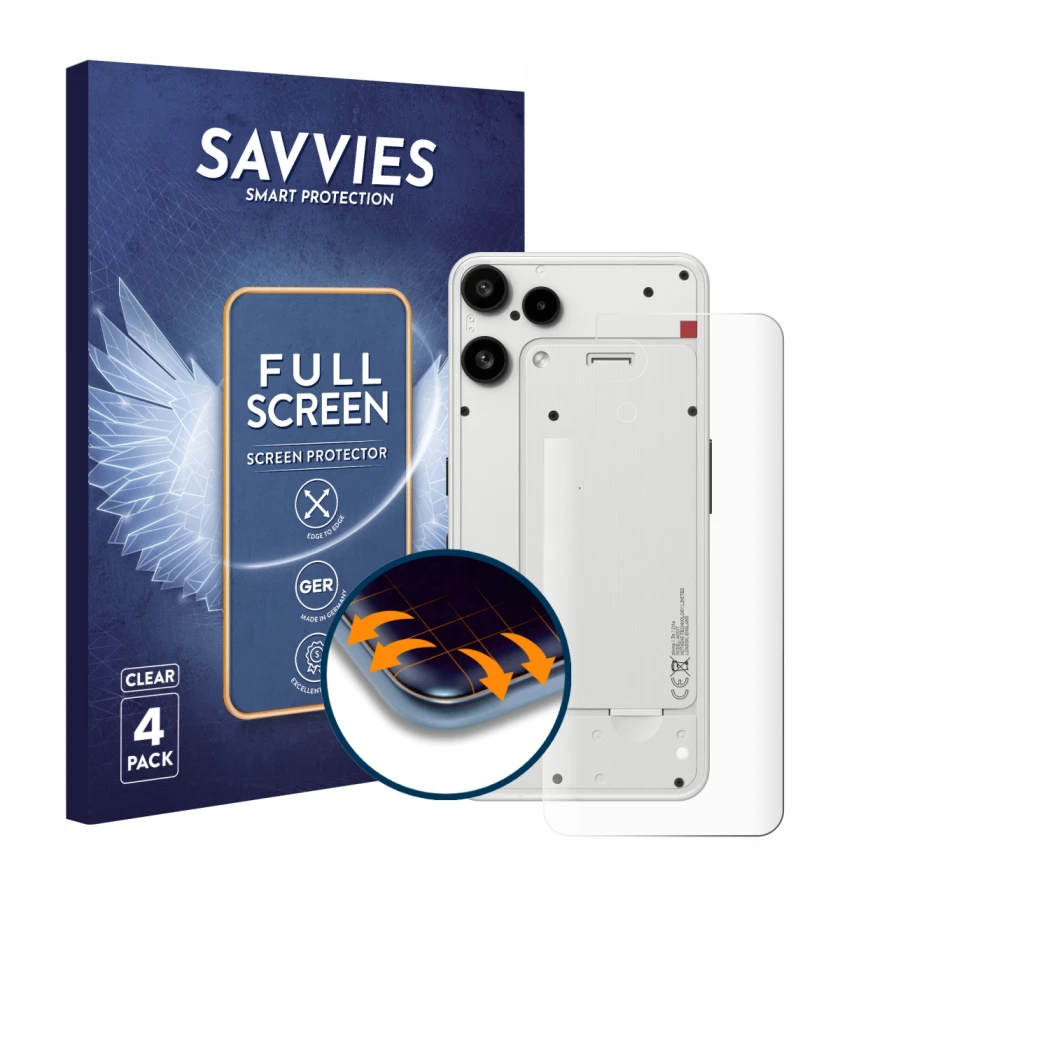 Front side of a product packaging with the brand logo Savvies. Next to it is the device Nothing Phone (3a) Lite (Back) shown w