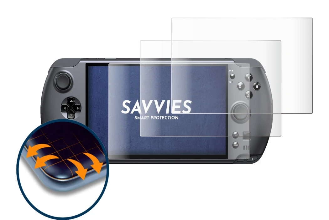 Image of the device GPD Win 5 with a wide variety of screen protectors.