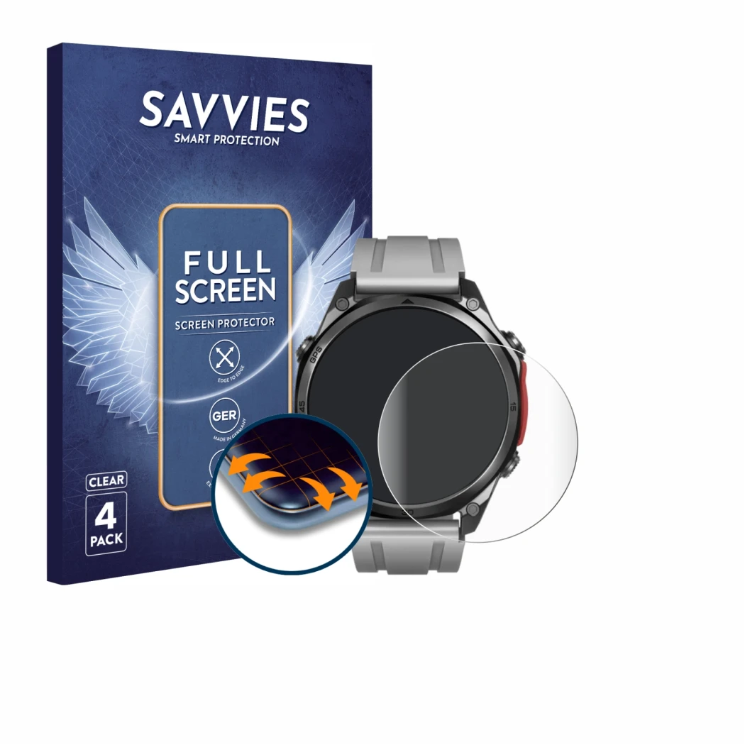Front side of a product packaging with the brand logo Savvies. Next to it is the device Doogee Anywise W1 Pro shown with the c