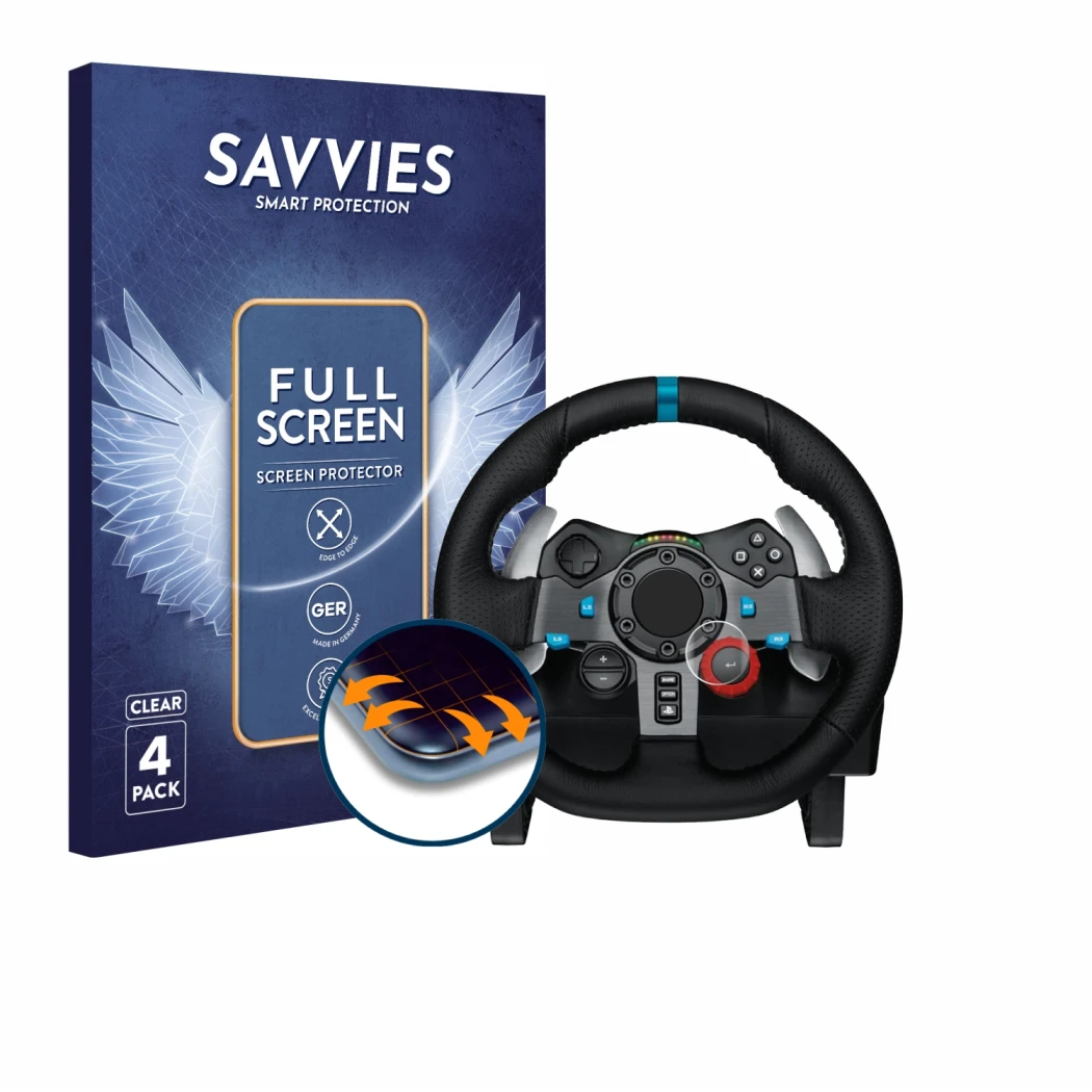 Front side of a product packaging with the brand logo Savvies. Next to it is the device Logitech G29 Driving Force Gaming Raci