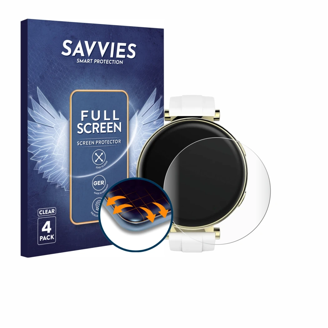 Front side of a product packaging with the brand logo Savvies. Next to it is the device Hama Smartwatch 7000 shown with the co