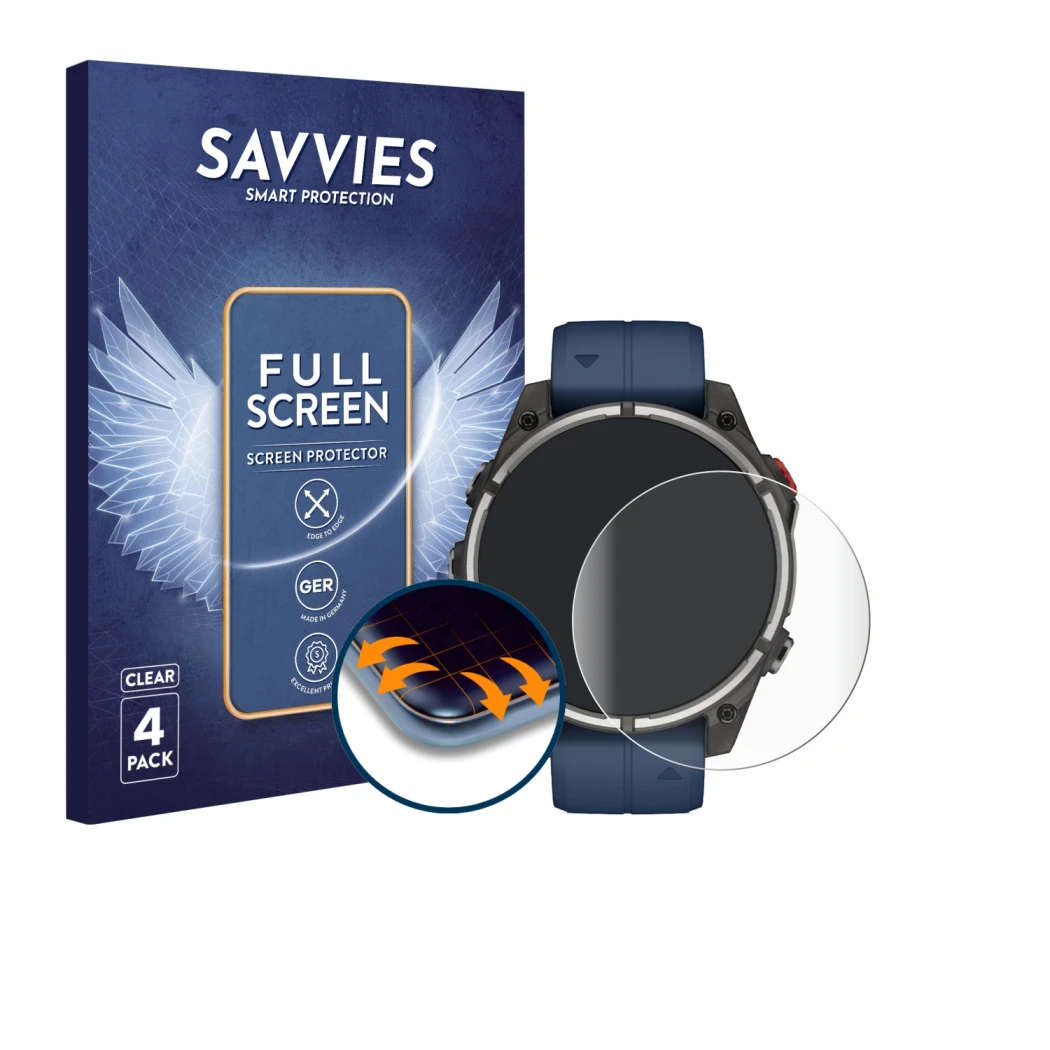 Front side of a product packaging with the brand logo Savvies. Next to it is the device Garmin quatix 8 Pro (47 mm) shown with
