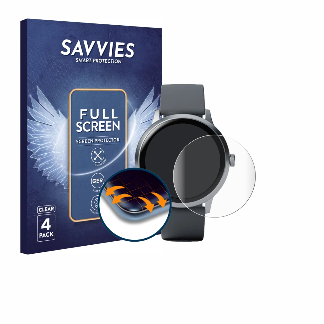 Front side of a product packaging with the brand logo Savvies. Next to it is the device Pebble Round 2 shown with the correspo