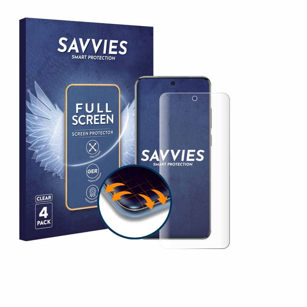 Front side of a product packaging with the brand logo Savvies. Next to it is the device Vivo X200T shown with the correspondin