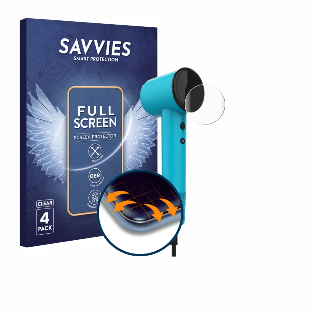Front side of a product packaging with the brand logo Savvies. Next to it is the device Cecotec DryNova shown with the corresp