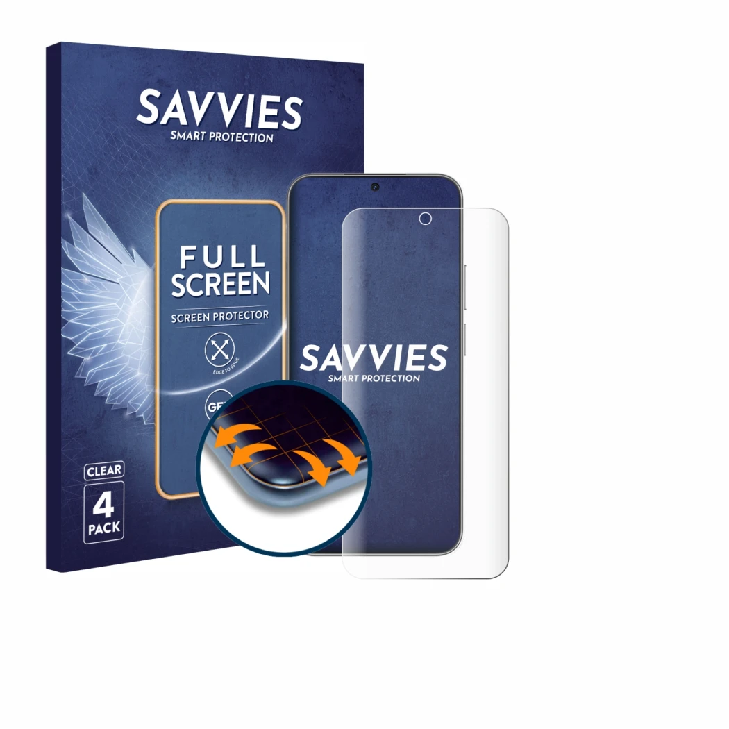 Front side of a product packaging with the brand logo Savvies. Next to it is the device Huawei Nova 14 shown with the correspo