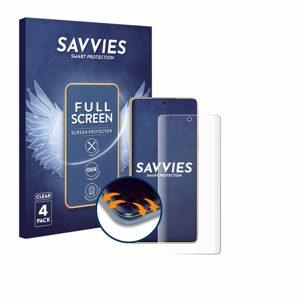 Front side of a product packaging with the brand logo Savvies. Next to it is the device Honor Magic V6 shown with the correspo