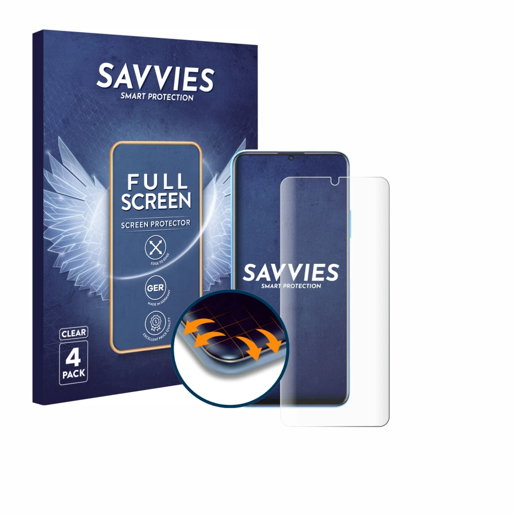 Front side of a product packaging with the brand logo Savvies. Next to it is the device Huawei Enjoy 70z shown with the corres