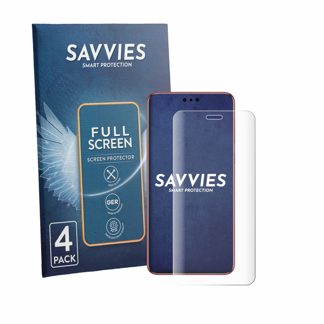 Front side of a product packaging with the brand logo Savvies. Next to it is the device Huawei Mate 60 RS Ultimate shown with 