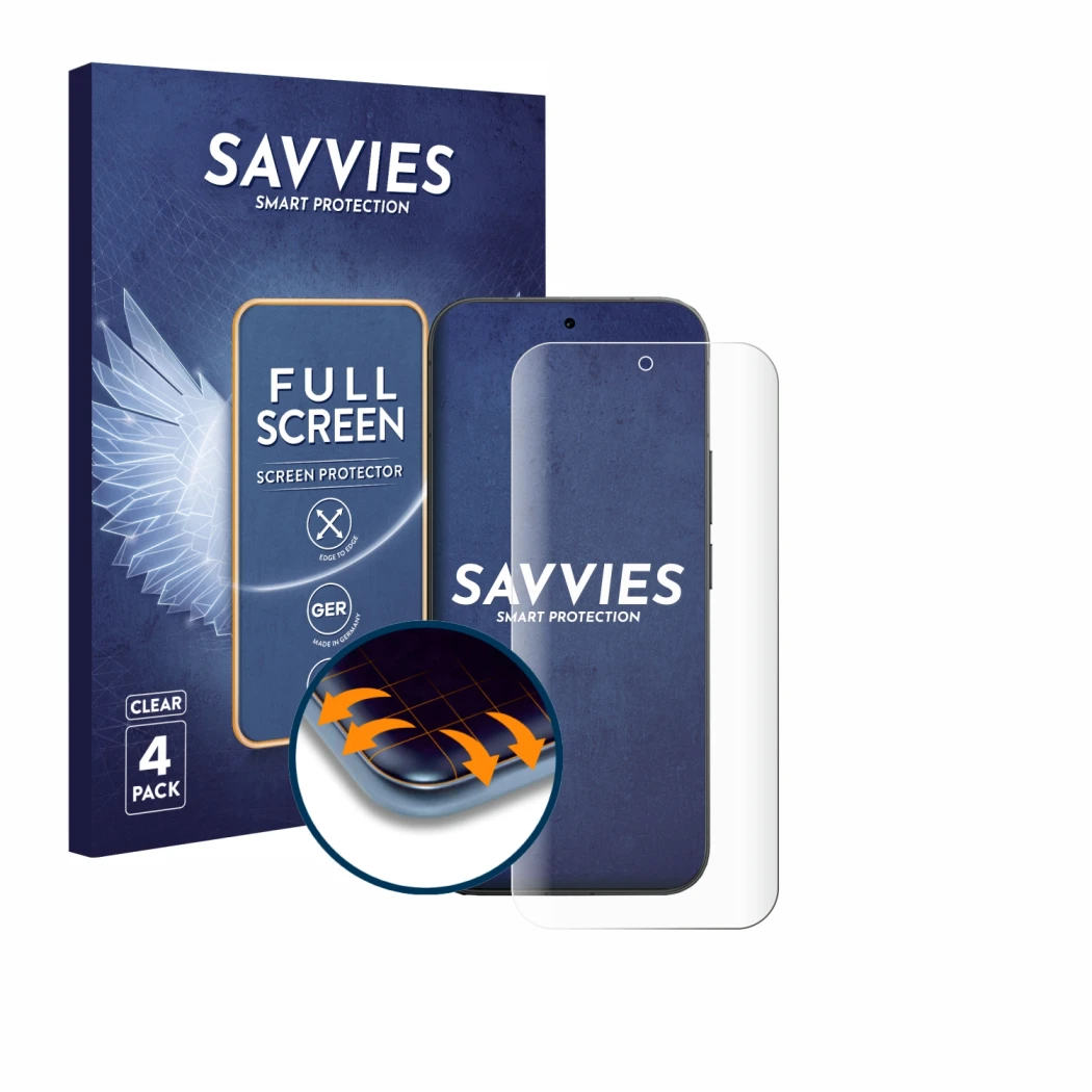 Front side of a product packaging with the brand logo Savvies. Next to it is the device Vivo V70 shown with the corresponding 