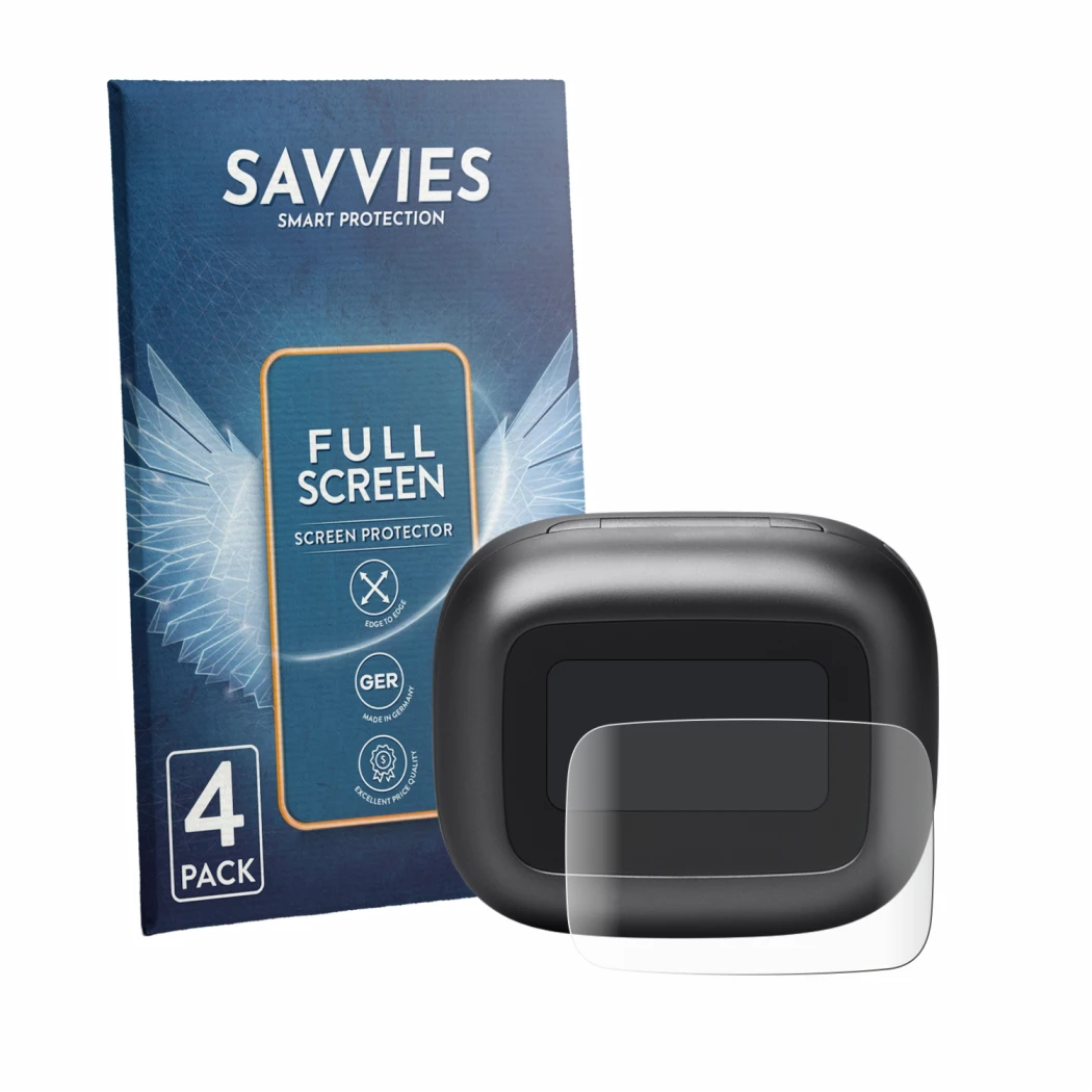 Front side of a product packaging with the brand logo Savvies. Next to it is the device JBL Live Beam 3 shown with the corresp