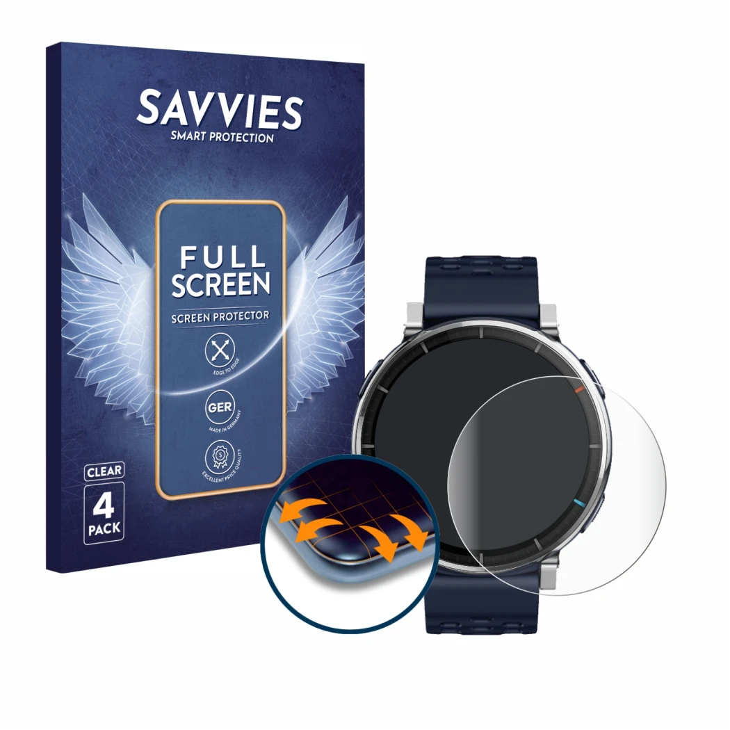 Front side of a product packaging with the brand logo Savvies. Next to it is the device Amazfit Active 3 Premium shown with th