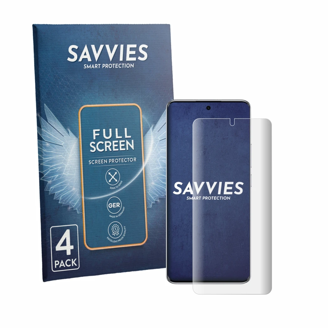 Front side of a product packaging with the brand logo Savvies. Next to it is the device Xiaomi Redmi Note 15 Special Edition s