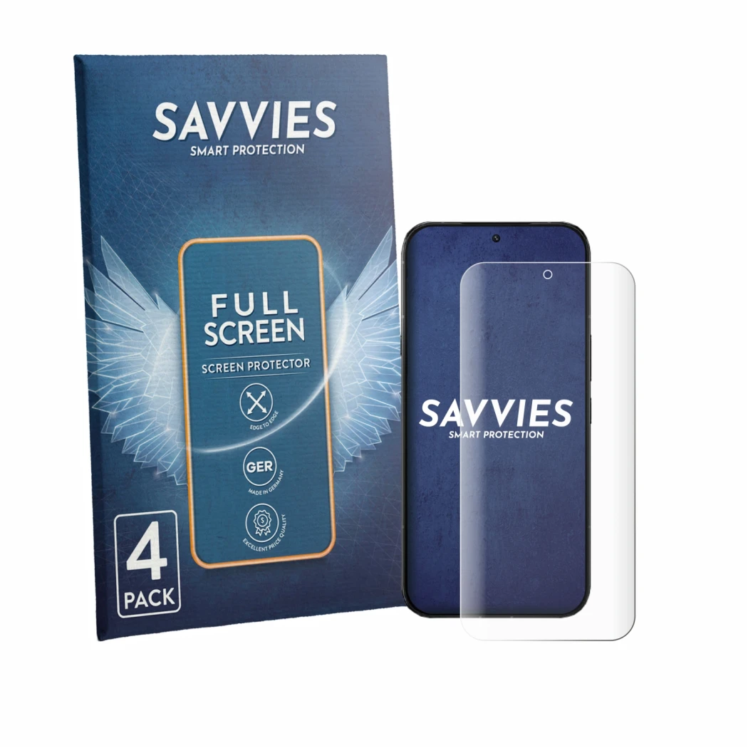 Front side of a product packaging with the brand logo Savvies. Next to it is the device Infinix Note 60 Ultra shown with the c